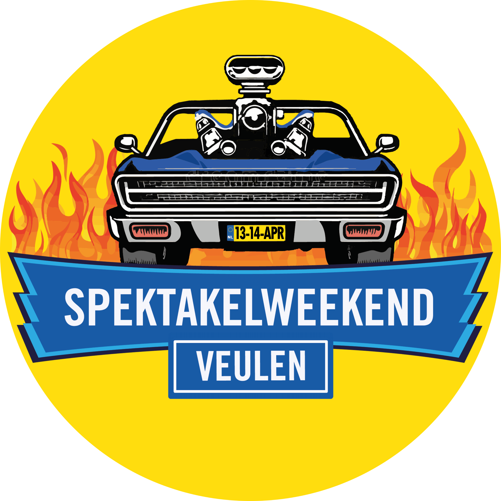 Logo Spektakelweekend Veulen - rond geel - 2024